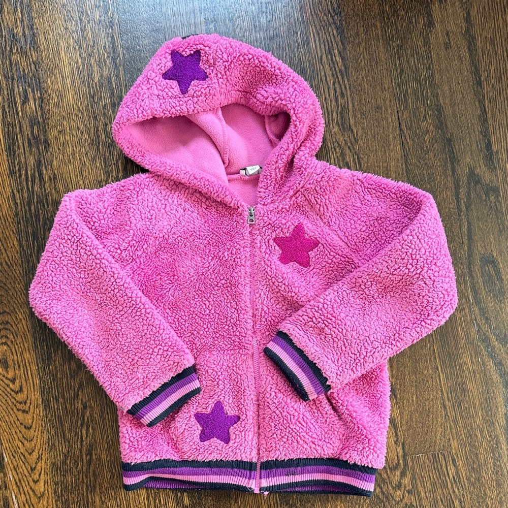 Splendid Pink Sherpa Hooded Jacket with Purple Star Appliqués